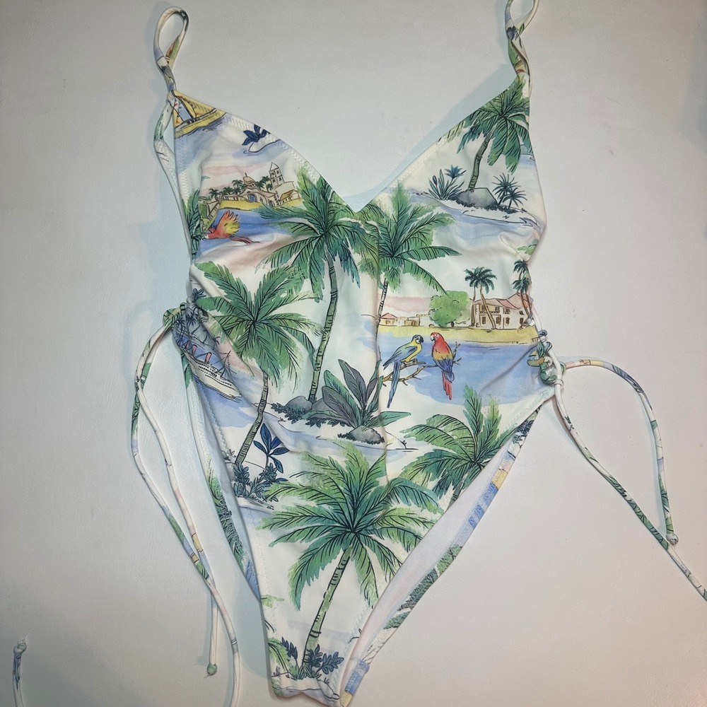 Zara Palm Tree Tropical Vacation One Piece White Deep V Swimsuit Size Medium